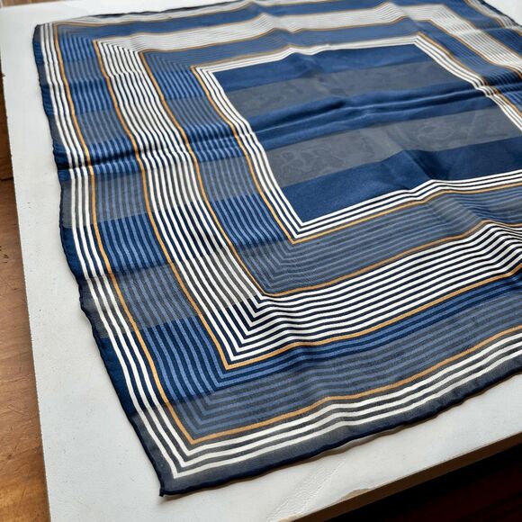 Vintage 1970s Sheer Striped Square Scarf in Blue & Gold Geometric Print 20x20 - Picture 1 of 9